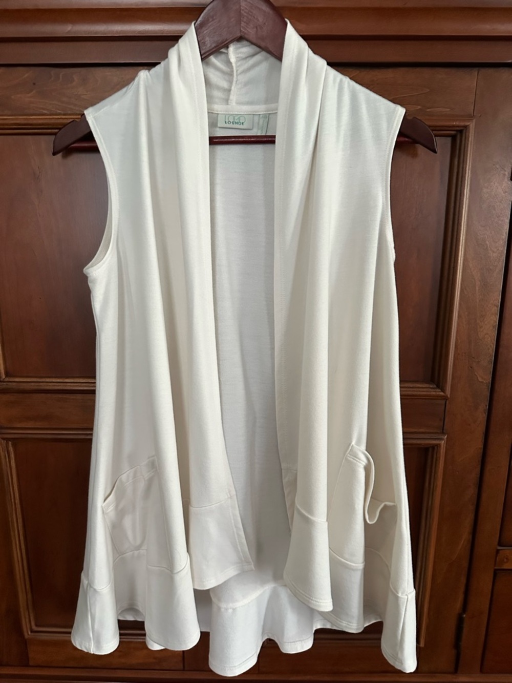 Logo Lounge White Sleeveless Pockets Open Front Ruffle Hi-Lo Cardigan XXS/M NWOT